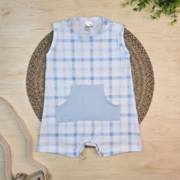 Macacão Curto Bebê Menino Regata Canelado - Xadrez Azul