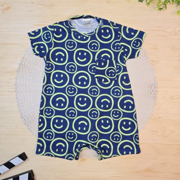 Macacão Curto Bebê Menino Manga Curta Canelado - Emoji Sorriso