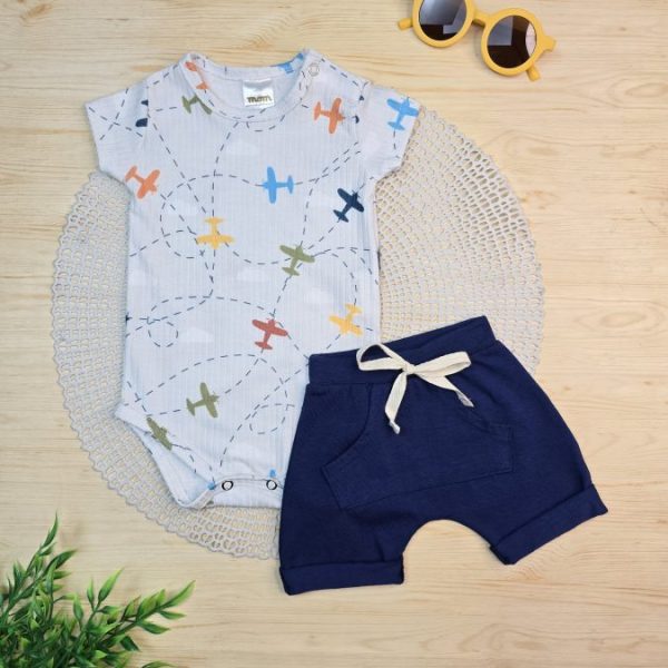 Conjunto Body Canelado e Shorts Algodão - Avião