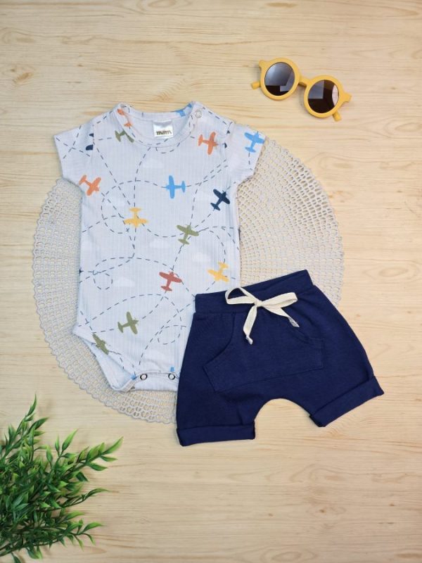 Conjunto Body Canelado e Shorts Denim - Avião