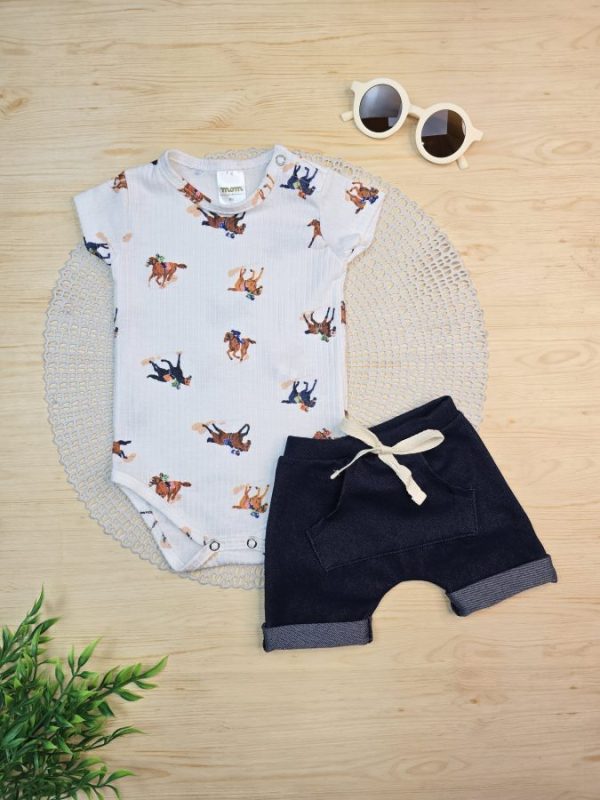 Conjunto Body Canelado e Shorts Denim - Cavalinho