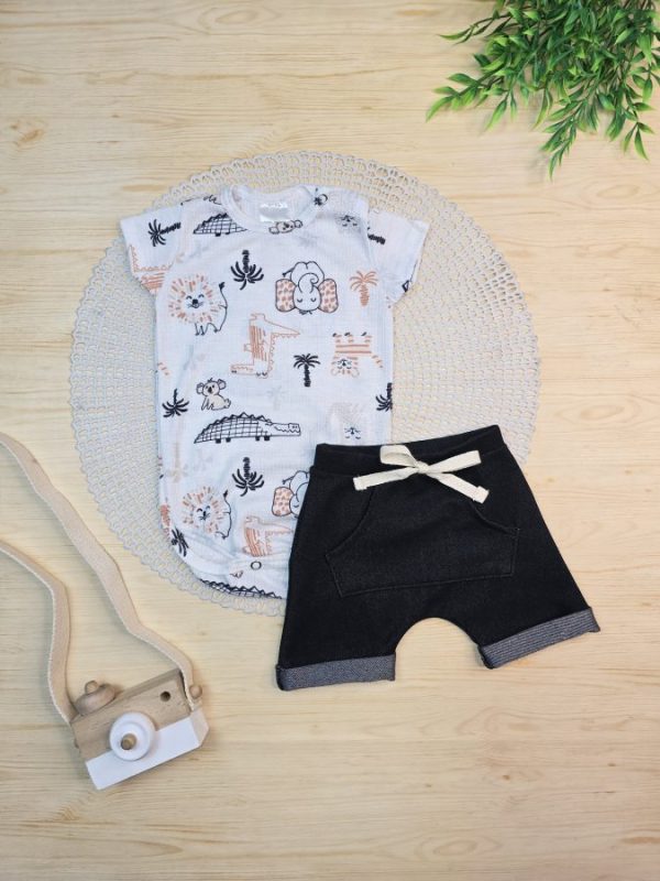 Conjunto Body Canelado e Shorts Denim Preto - Safari