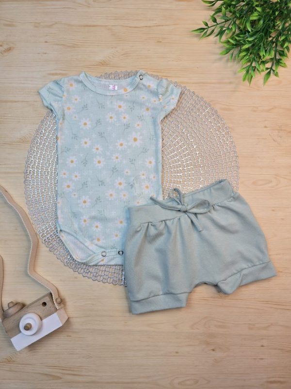 Conjunto Body Canelado e Shorts  Cotton Verde Margarida