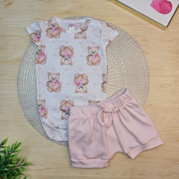 Conjunto Body Canelado e Shorts Algodão Egípcio Ursinha