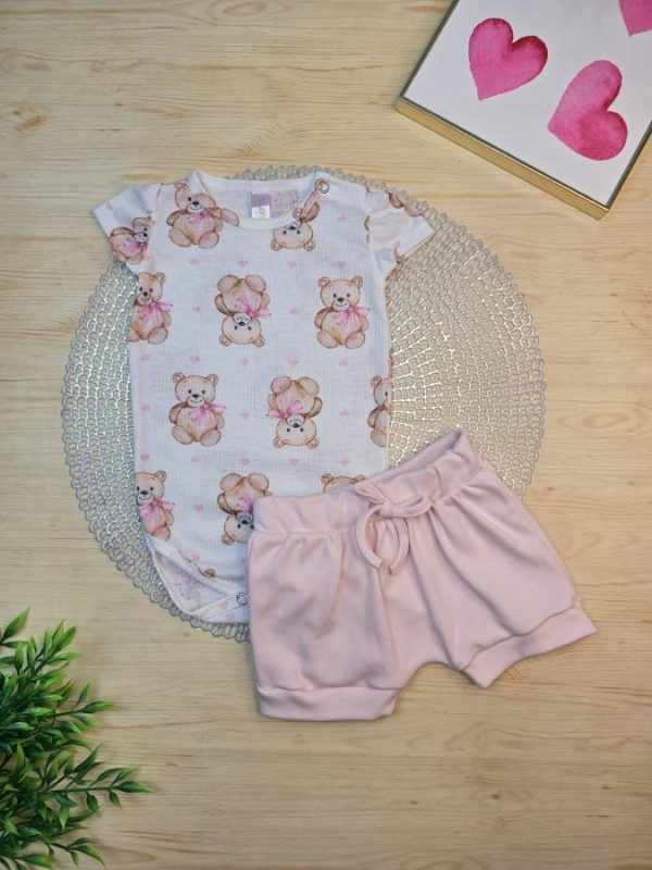 Conjunto Body Canelado e Shorts Algodão Egípcio Ursinha Laço