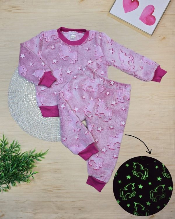 Conjunto Fleece Pijama Rosa Unicórnio – Brilha No Escuro