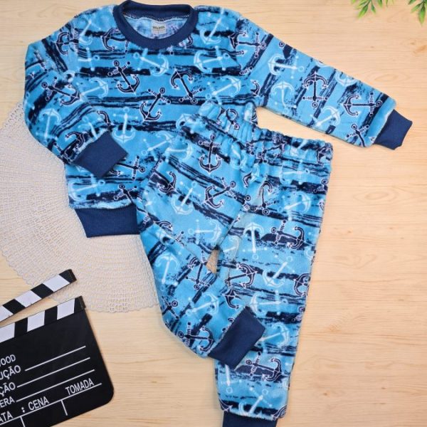 Conjunto Fleece Pijama Blusa e Calça Azul Âncora