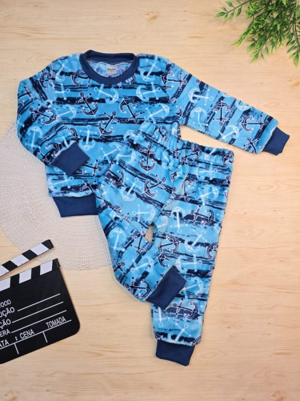 Conjunto Fleece Pijama Blusa e Calça Azul Âncora