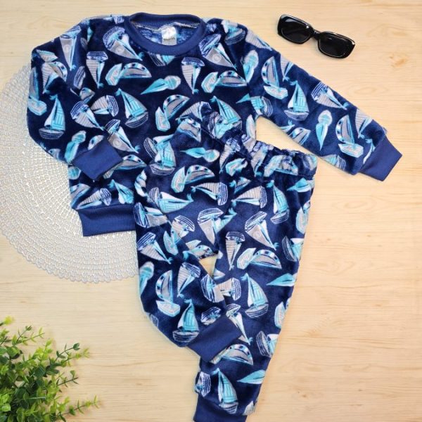Conjunto Fleece Pijama Blusa e Calça Azul - Barquinhos