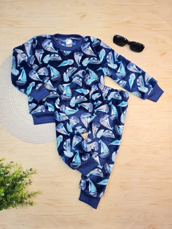 Conjunto Fleece Pijama Blusa e Calça Azul - Barquinhos