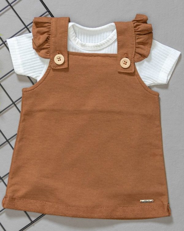 Conjunto Salopete Babado Camel - C/ Body Curto Canelado Off