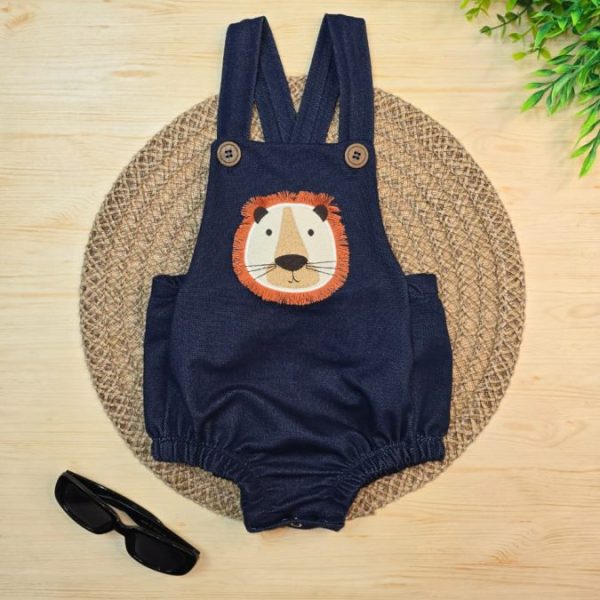 Romper  Denim Imita Jeans – Azul com Leãozinho Bordado