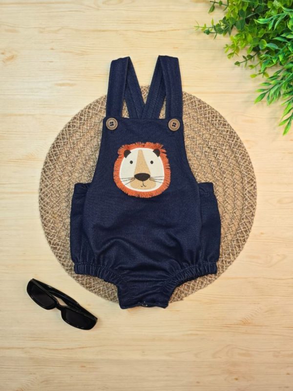 Romper Unissex Denim Imita Jeans – Azul com Leãozinho Bordado
