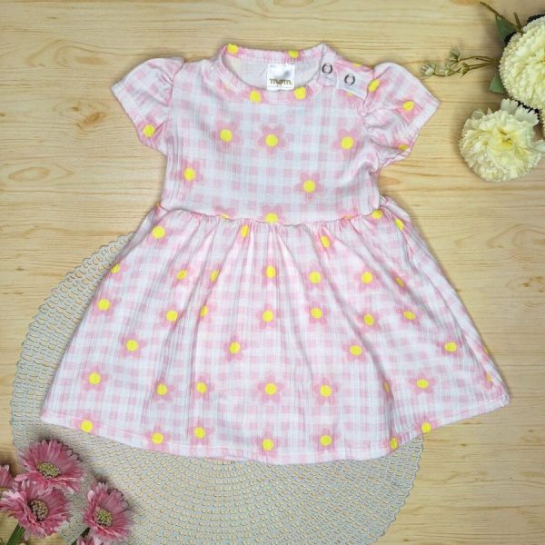 Body Vestido Curto Canelado Rosa Xadrez - Flores