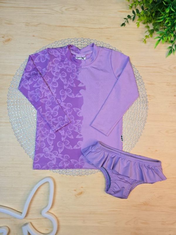 Conjunto Praia Camiseta Longa Molha e Aparece com Calcinha - Lilás Borboletas