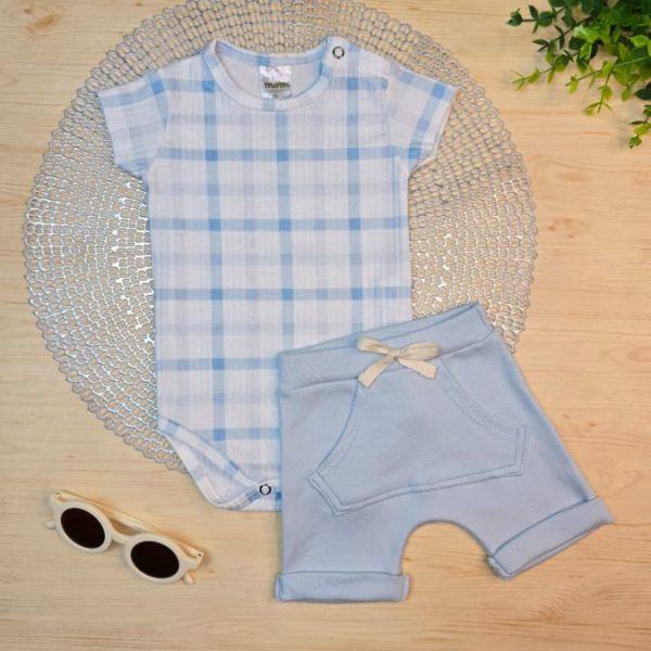 Conjunto Body Canelado e Shorts Algodão Egípcio – Xadrez Azul