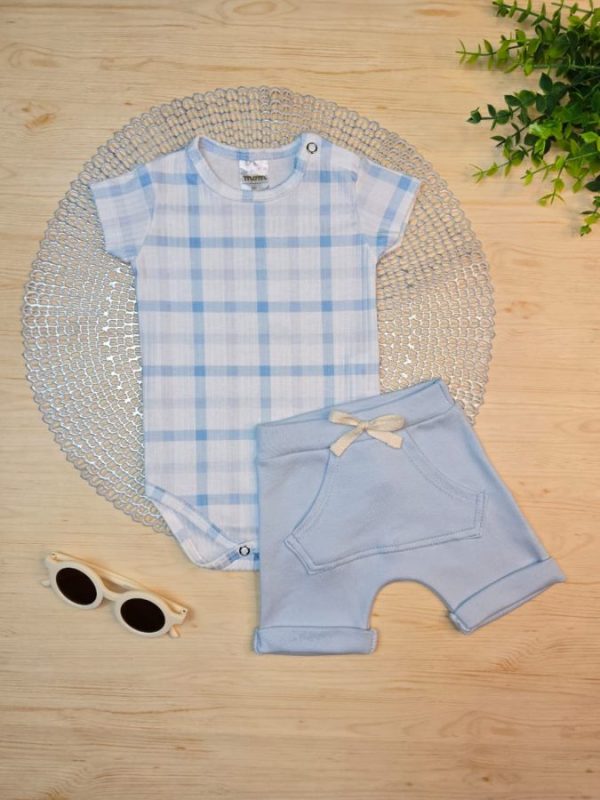 Conjunto Body Canelado e Shorts Algodão Egípcio – Xadrez Azul