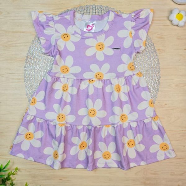 Vestido Infantil Cotton Algodão Penteado Estampado Digital - Margaridas