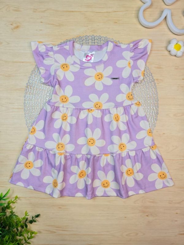 Vestido Infantil Cotton Algodão Penteado Estampado Digital - Margaridas
