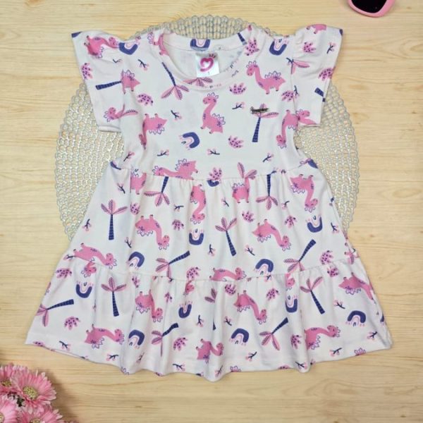 Vestido Infantil Cotton Algodão Penteado Estampado Digital - Dino Girl