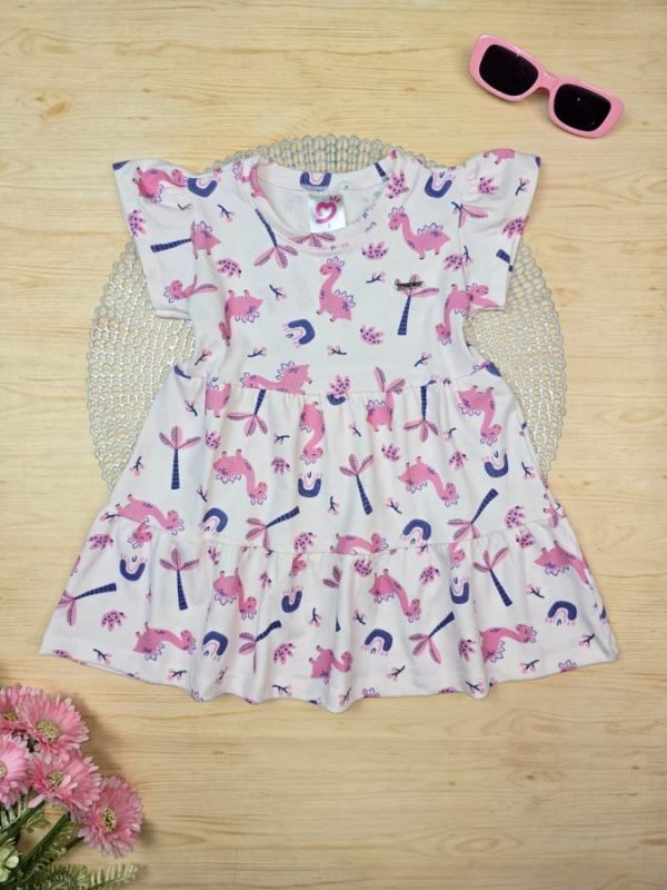 Vestido Infantil Cotton Algodão Penteado Estampado Digital - Dino Girl