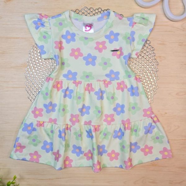 Vestido Infantil Cotton Algodão Penteado Estampado Digital - Verde Flores
