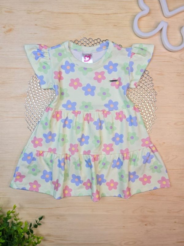 Vestido Infantil Cotton Algodão Penteado Estampado Digital - Verde Flores