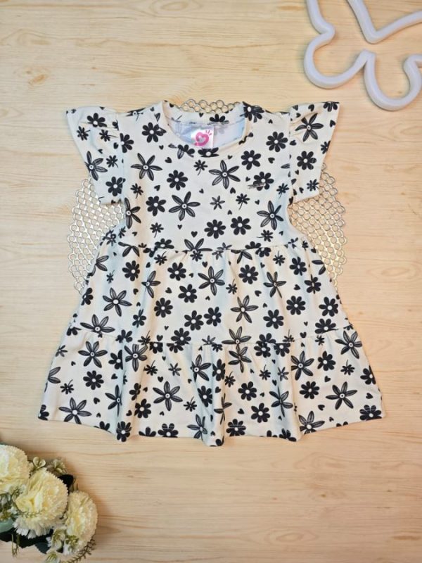 Vestido Infantil Cotton Algodão Penteado Estampado Digital - Florzinhas Preto