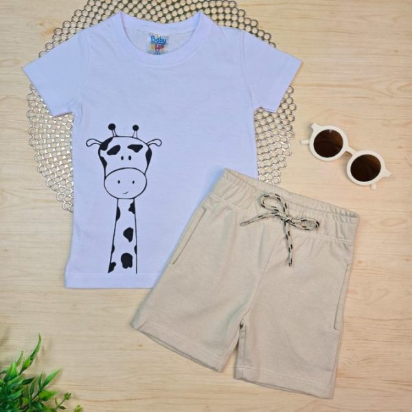 Conjunto Infantil Camiseta e Bermuda Moletinho - Branco Girafa