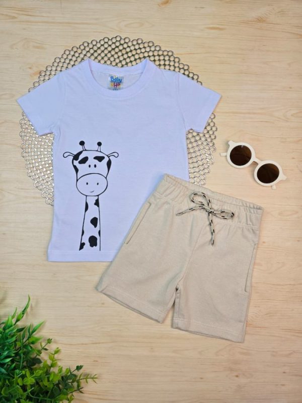 Conjunto Infantil Camiseta e Bermuda Moletinho - Branco Girafa
