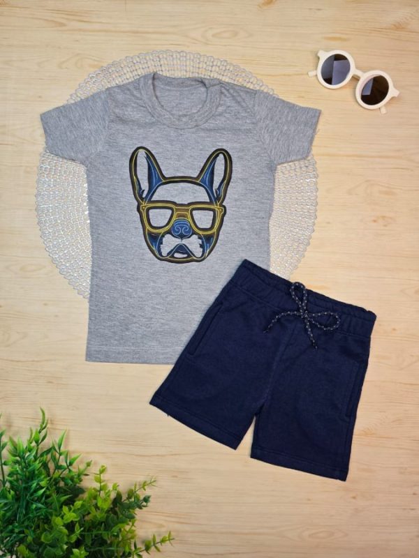Conjunto Infantil Camiseta e Bermuda Moletinho - Buldogue Óculos