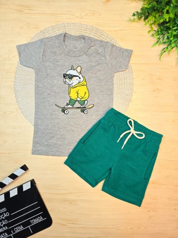 Conjunto Infantil Camiseta e Bermuda Moletinho - Buldogue Skate