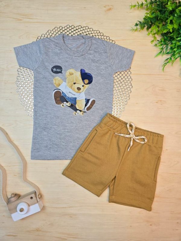 Conjunto Infantil Camiseta e Bermuda Moletinho - Urso Skate