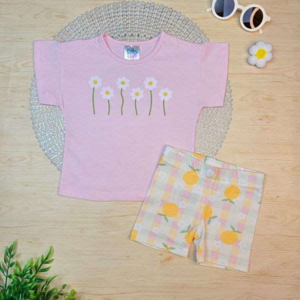 Conjunto Infantil de Menina Blusa e Shorts Ciclista - Rosa Laranjas