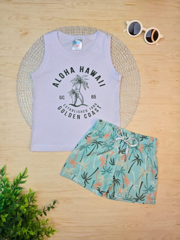 Conjunto Infantil Regata e Shorts Tactel c/Elastano Estampado - Coqueiros