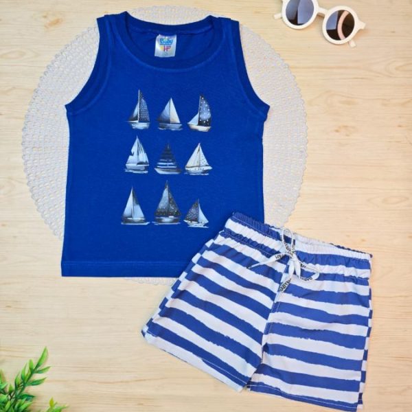 Conjunto Infantil Menino Regata e Shorts Tactel - Barcos