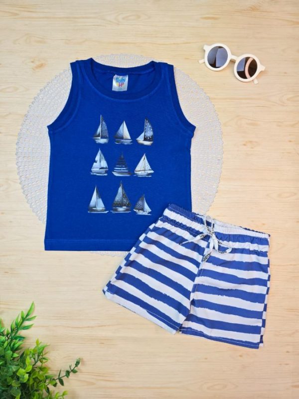 Conjunto Infantil Regata e Shorts Tactel c/Elastano Estampado - Barcos
