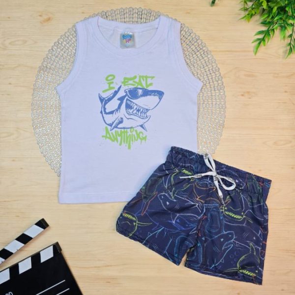Conjunto Infantil Menino Regata e Shorts Tactel  - Tubarão