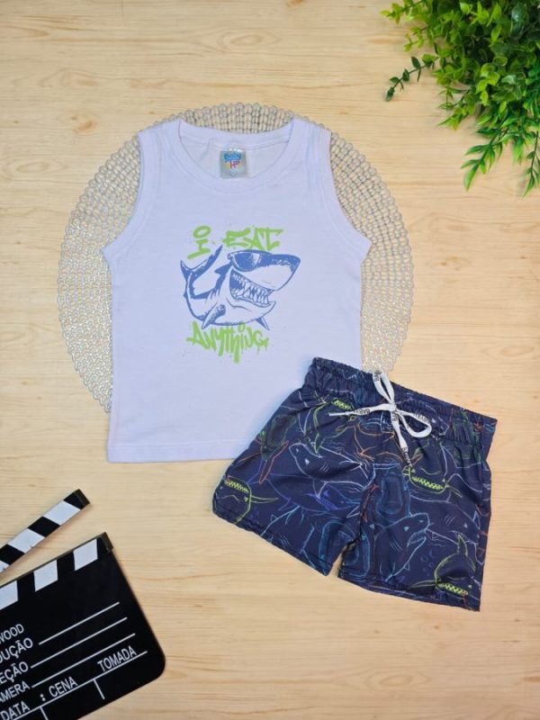 Conjunto Infantil Regata e Shorts Tactel c/Elastano Estampado - Tubarão