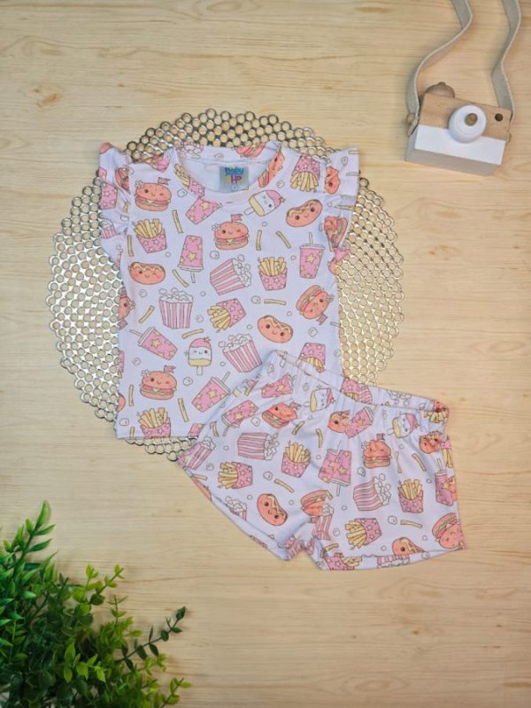 Pijama Infantil Curto Pele de Pêssego Estampado - Hambúrguer
