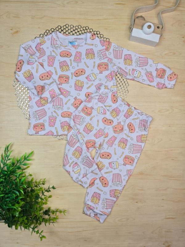 Pijama Infantil Longo Pele de Pêssego Estampado - Hambúrguer