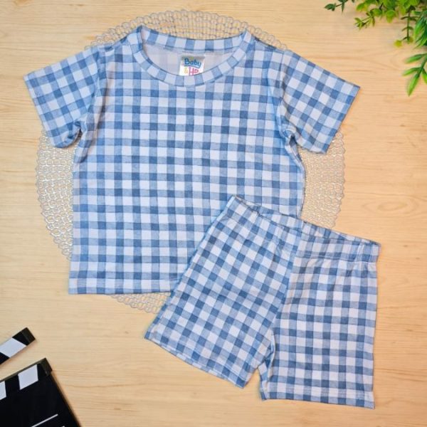 Pijama Infantil de Menino Curto Pele de Pêssego -  Xadrez Azul