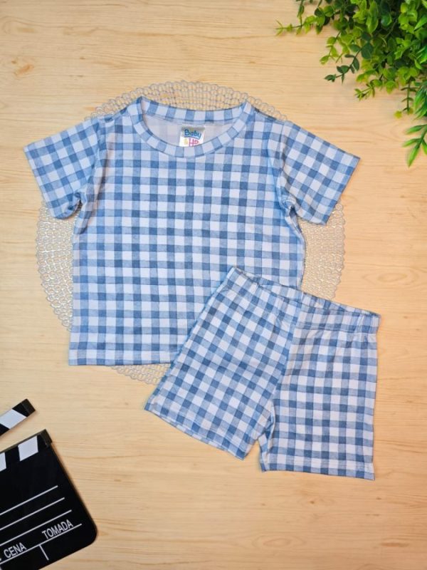 Pijama Infantil Curto Pele de Pêssego Estampado - Azul Xadrez