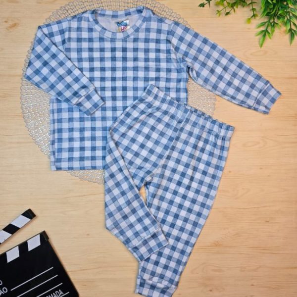 Pijama Infantil Menino Longo Pele de Pêssego - Xadrez Azul
