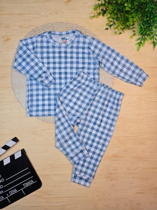 Pijama Infantil Longo Pele de Pêssego Estampado - Azul Xadrez