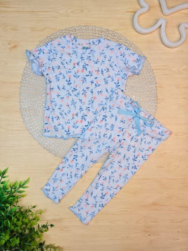 Conjunto Infantil Canelado Blusa e Legging Frufru Estampado - Florzinhas