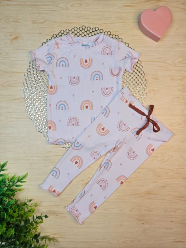 Conjunto Infantil Canelado Blusa e Legging Frufru Estampado - Arco-íris