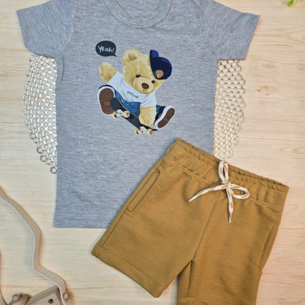 Conjunto Infantil Camiseta e Bermuda Moletinho - Urso Skate