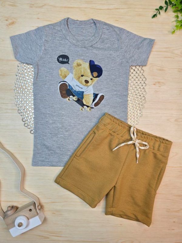 Conjunto Infantil Camiseta e Bermuda Moletinho - Urso Skate