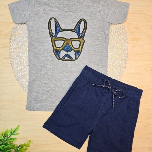 Conjunto Infantil Camiseta e Bermuda Moletinho - Buldogue Óculos